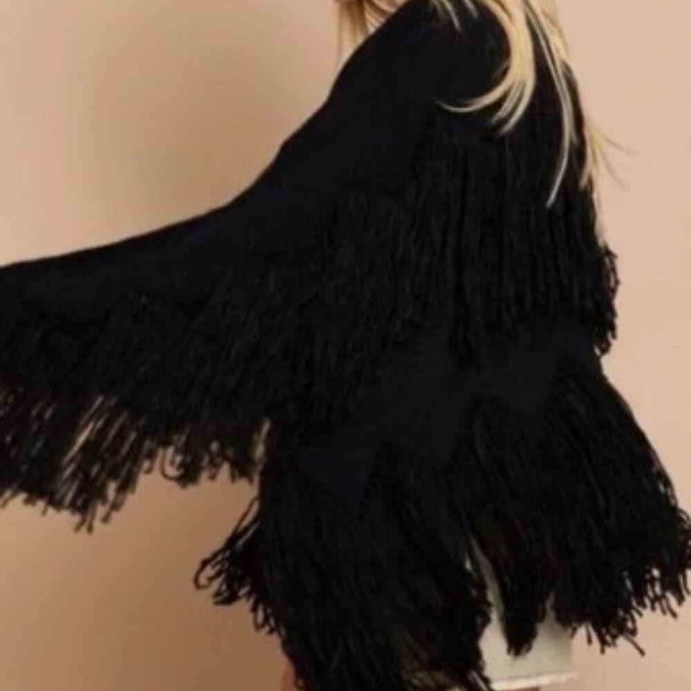 New POL Black Fringe Cardigan Open Sweater Boho Western Vibes Fits S, M, L, XL - Picture 2 of 4